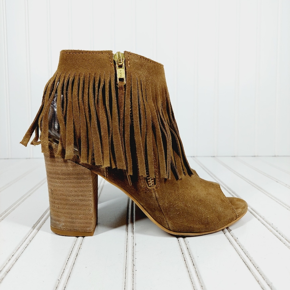 🔥 Carlos Santana Fringed Heeled Brown Suede Open Toe Ankle Booties - Picture 5 of 14